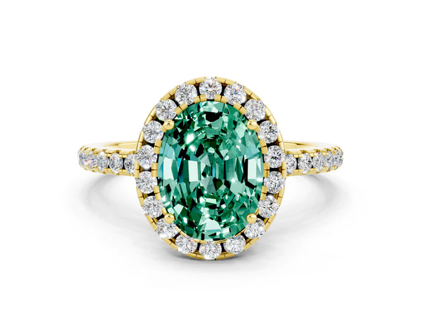 Yellow gold Oval Cut Green Sapphire Halo Engagement Ring with Round Pavé Band and Prong Setting