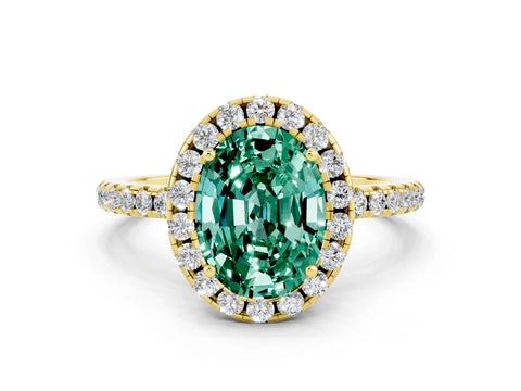 Yellow gold Oval Cut Cut Diamond Floral Halo Engagement Ring with Pavé Band and Prong Setting