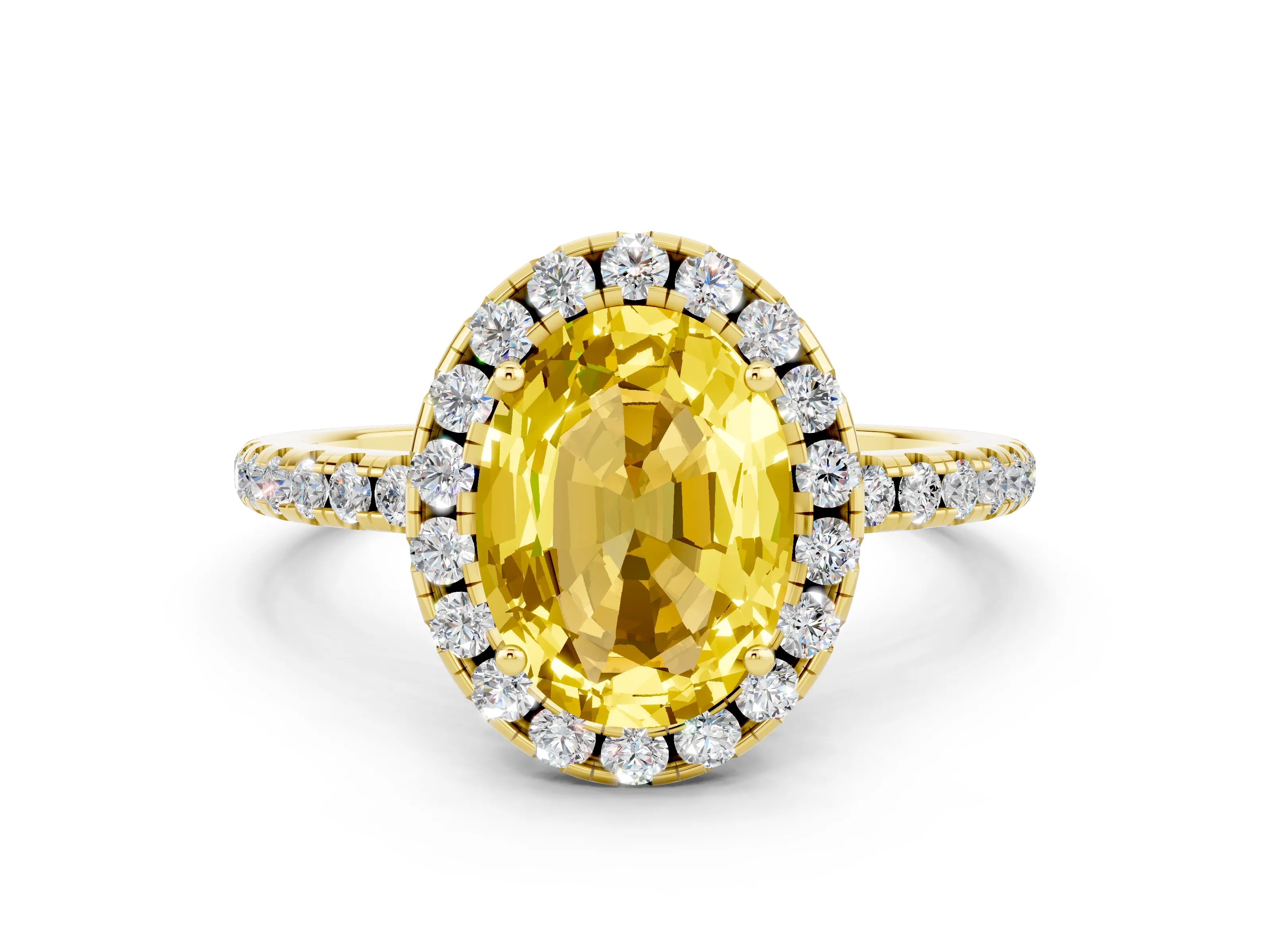 Yellow gold Oval Cut Cut Diamond Floral Halo Engagement Ring with Pavé Band and Prong Setting