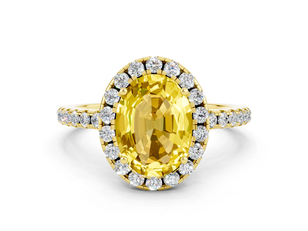 Yellow gold Oval Cut Yellow Sapphire Halo Engagement Ring with Round Pavé Band and Prong Setting