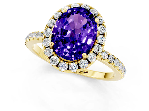 Yellow gold Oval Cut Tanzanite Halo Engagement Ring with Round Pavé Band and Prong Setting