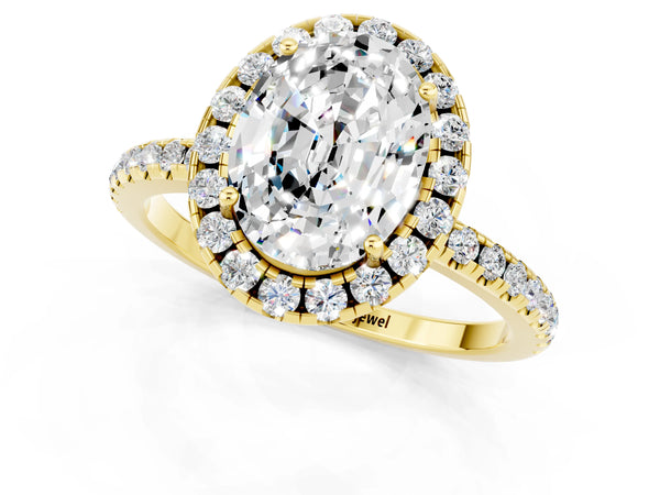 Yellow gold Oval Cut Moissanite Halo Engagement Ring with Round Pavé Band and Prong Setting