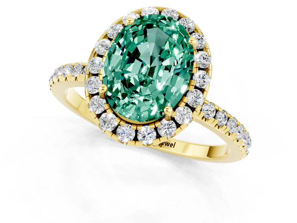Yellow gold Oval Cut Green Sapphire Halo Engagement Ring with Round Pavé Band and Prong Setting