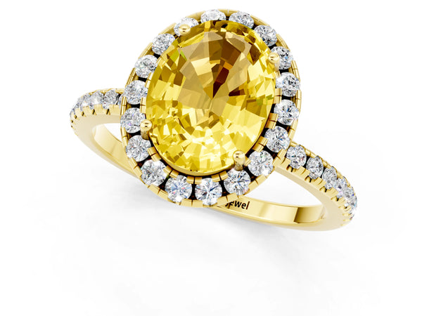 Yellow gold Oval Cut Yellow Sapphire Halo Engagement Ring with Round Pavé Band and Prong Setting