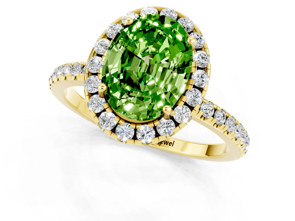 Yellow gold Oval Cut Cut Diamond Floral Halo Engagement Ring with Pavé Band and Prong Setting