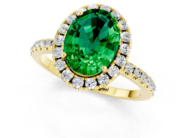 Yellow gold Oval Cut Emerald Halo Engagement Ring with Round Pavé Band and Prong Setting