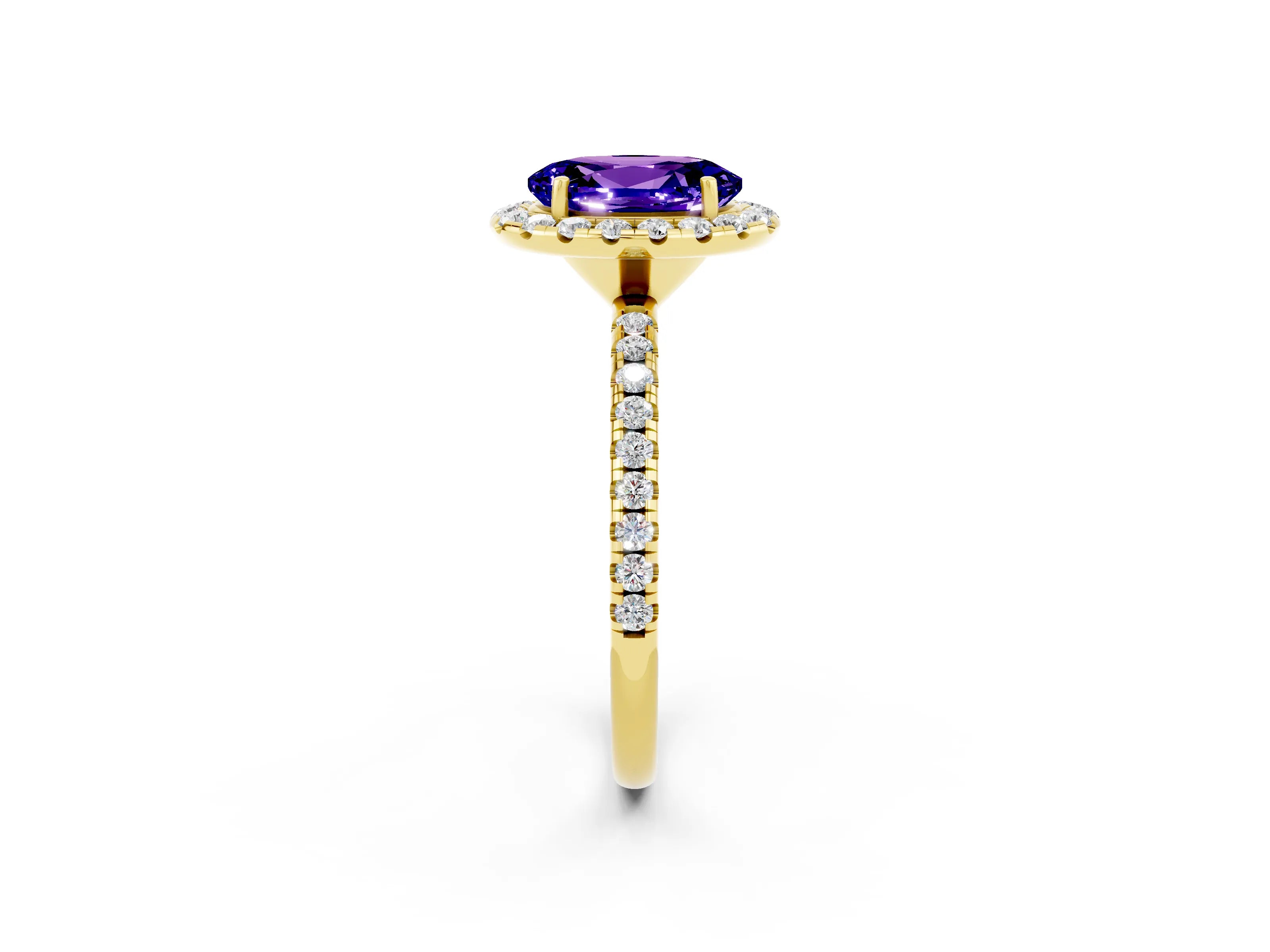 Yellow gold Oval Cut Cut Diamond Floral Halo Engagement Ring with Pavé Band and Prong Setting_2