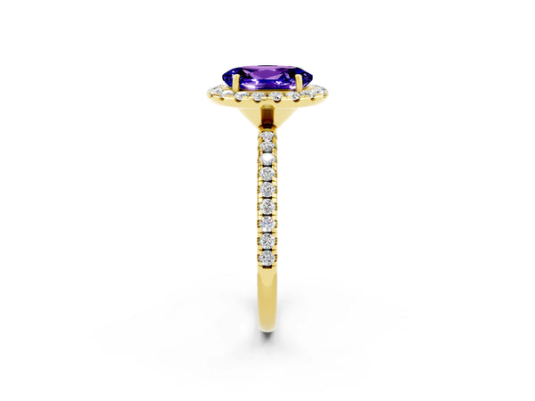 Yellow gold Oval Cut Tanzanite Halo Engagement Ring with Round Pavé Band and Prong Setting
