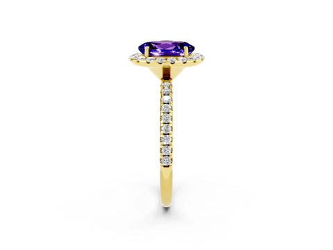 Yellow gold Oval Cut Cut Diamond Floral Halo Engagement Ring with Pavé Band and Prong Setting_2