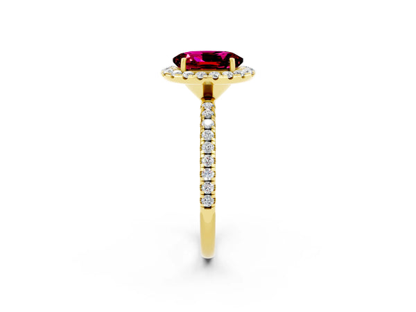 Yellow gold Oval Cut Garnet Halo Engagement Ring with Round Pavé Band and Prong Setting