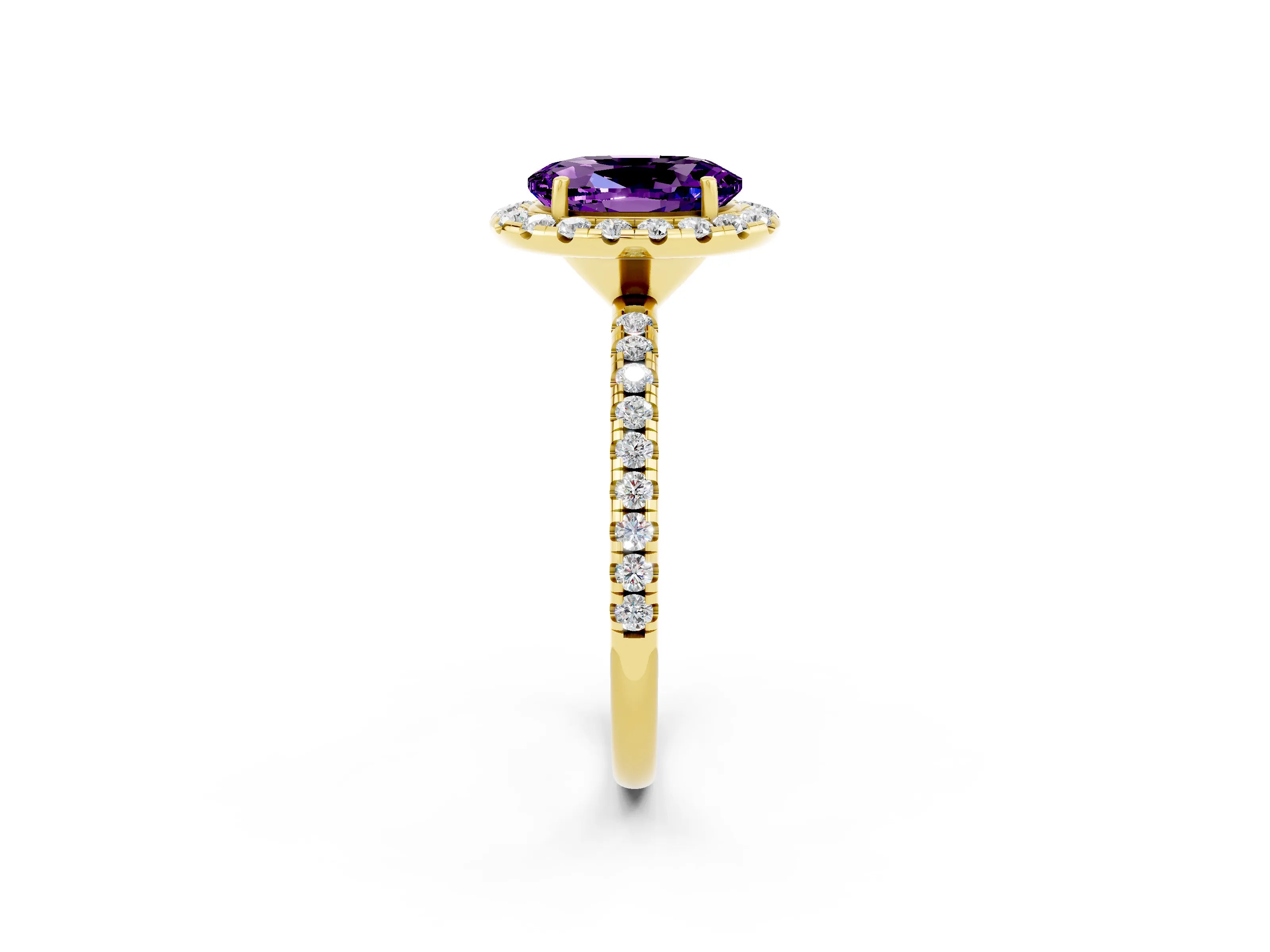 Yellow gold Oval Cut Cut Diamond Floral Halo Engagement Ring with Pavé Band and Prong Setting_2