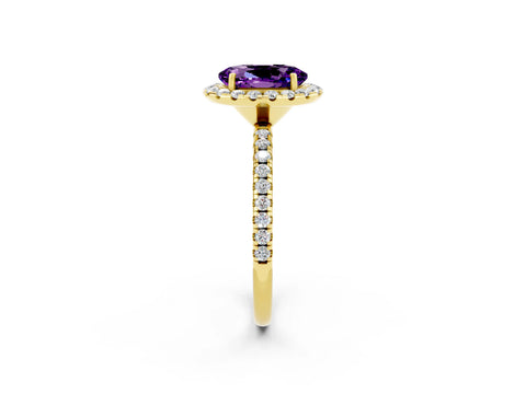 Yellow gold Oval Cut Cut Diamond Floral Halo Engagement Ring with Pavé Band and Prong Setting_2