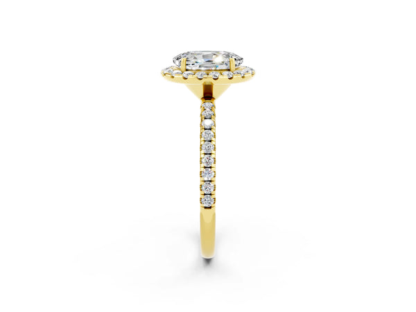 Yellow gold Oval Cut Moissanite Halo Engagement Ring with Round Pavé Band and Prong Setting