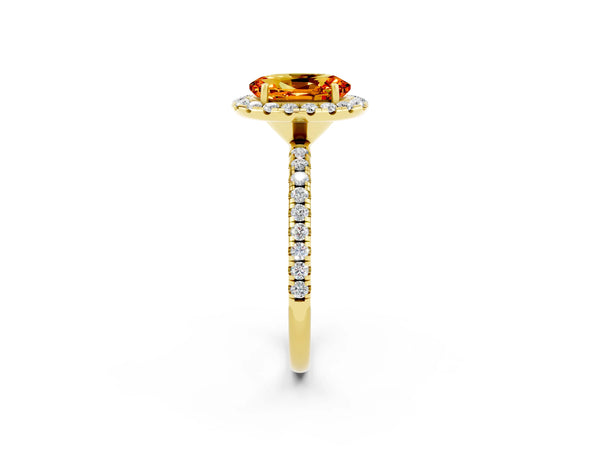 Yellow gold Oval Cut Citrine Halo Engagement Ring with Round Pavé Band and Prong Setting