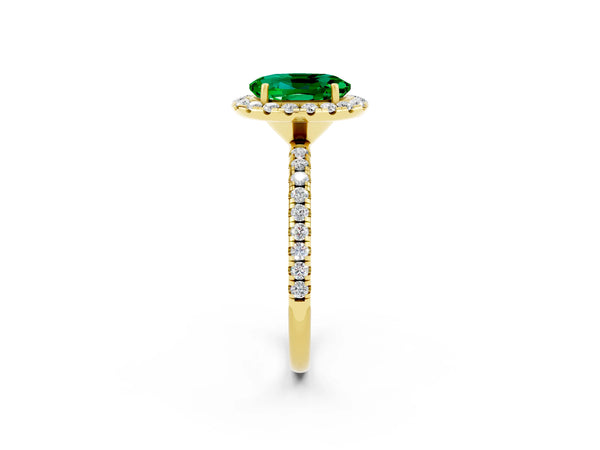 Yellow gold Oval Cut Emerald Halo Engagement Ring with Round Pavé Band and Prong Setting