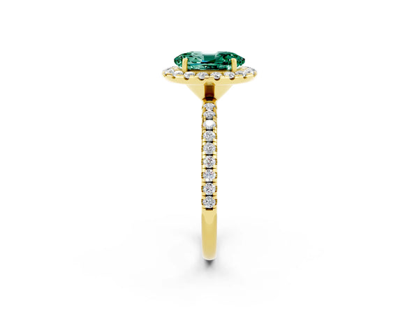 Yellow gold Oval Cut Green Sapphire Halo Engagement Ring with Round Pavé Band and Prong Setting