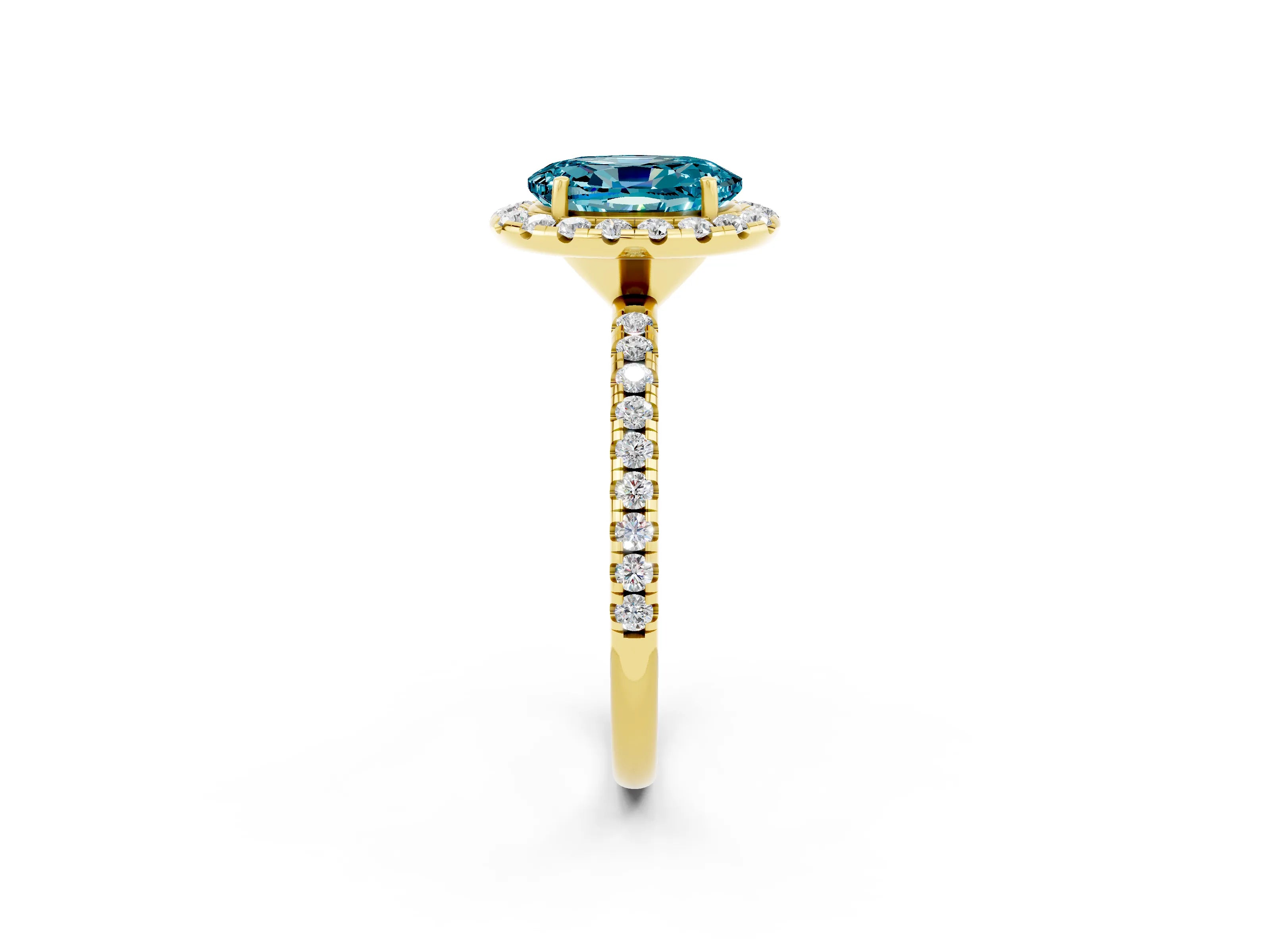 Yellow gold Oval Cut Cut Diamond Floral Halo Engagement Ring with Pavé Band and Prong Setting_2