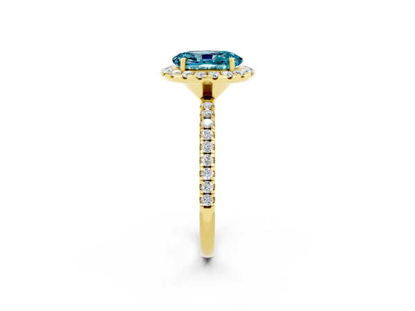 Yellow gold Oval Cut Cut Diamond Floral Halo Engagement Ring with Pavé Band and Prong Setting