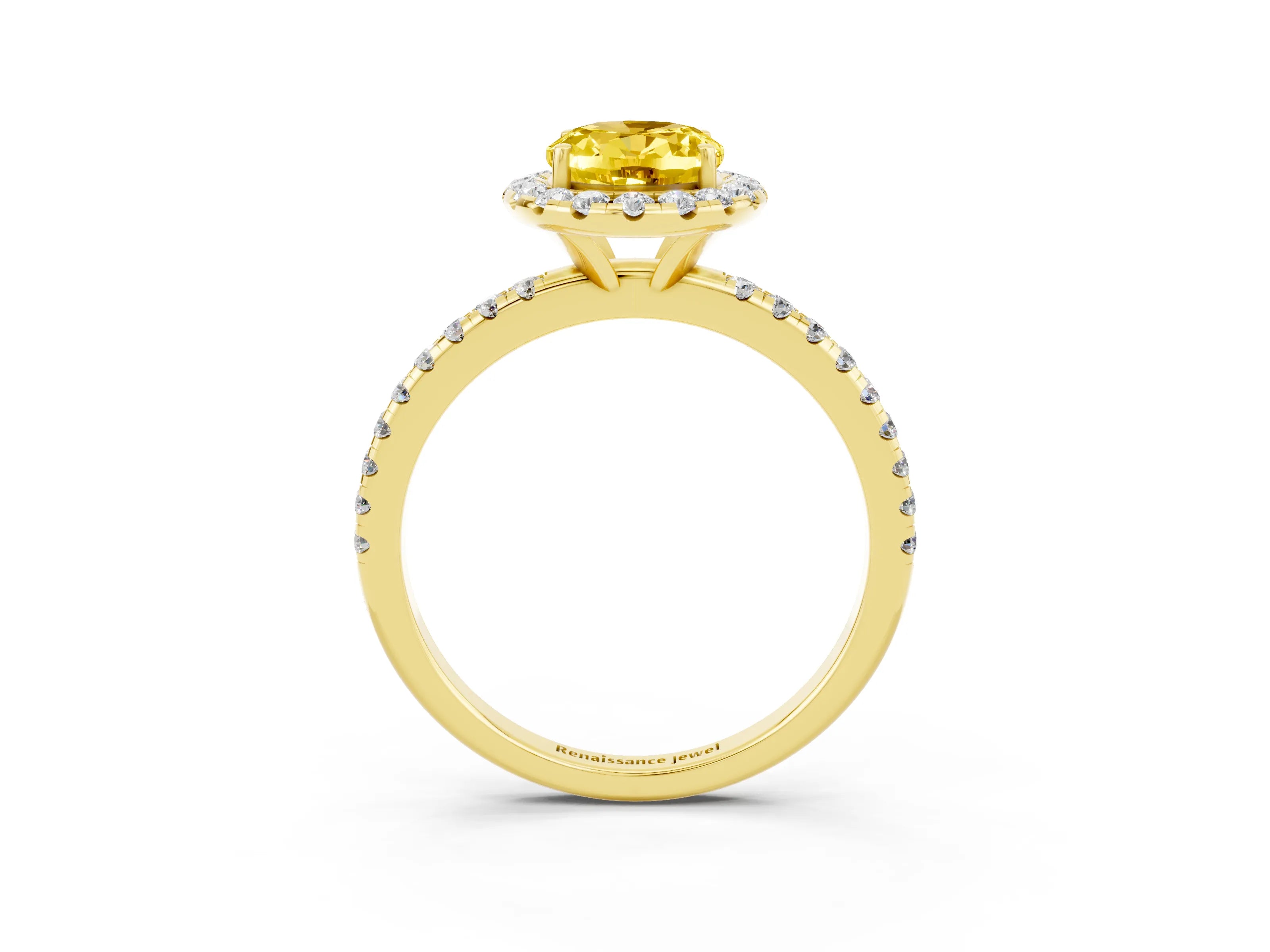 Yellow gold Oval Cut Cut Diamond Floral Halo Engagement Ring with Pavé Band and Prong Setting_3