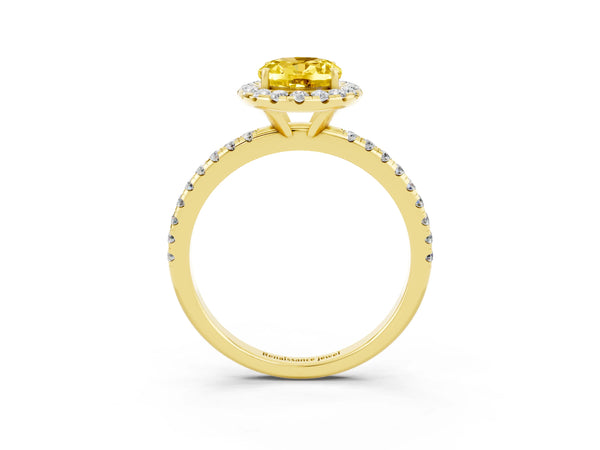 Yellow gold Oval Cut Yellow Sapphire Halo Engagement Ring with Round Pavé Band and Prong Setting