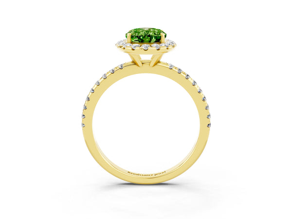 Yellow gold Oval Cut Cut Diamond Floral Halo Engagement Ring with Pavé Band and Prong Setting