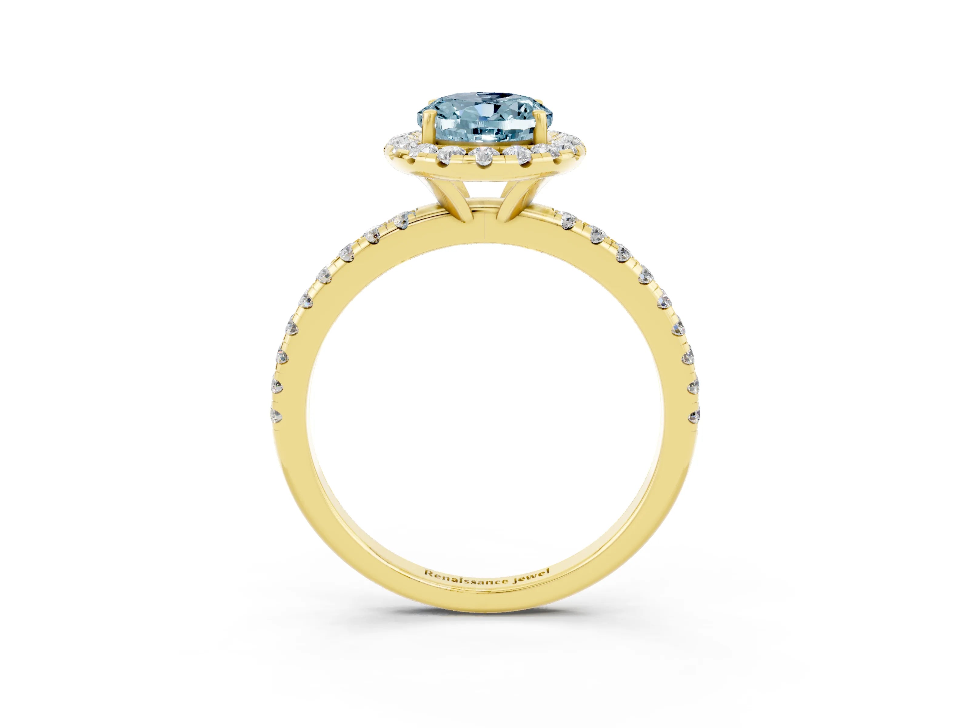 Yellow gold Oval Cut Cut Diamond Floral Halo Engagement Ring with Pavé Band and Prong Setting_3