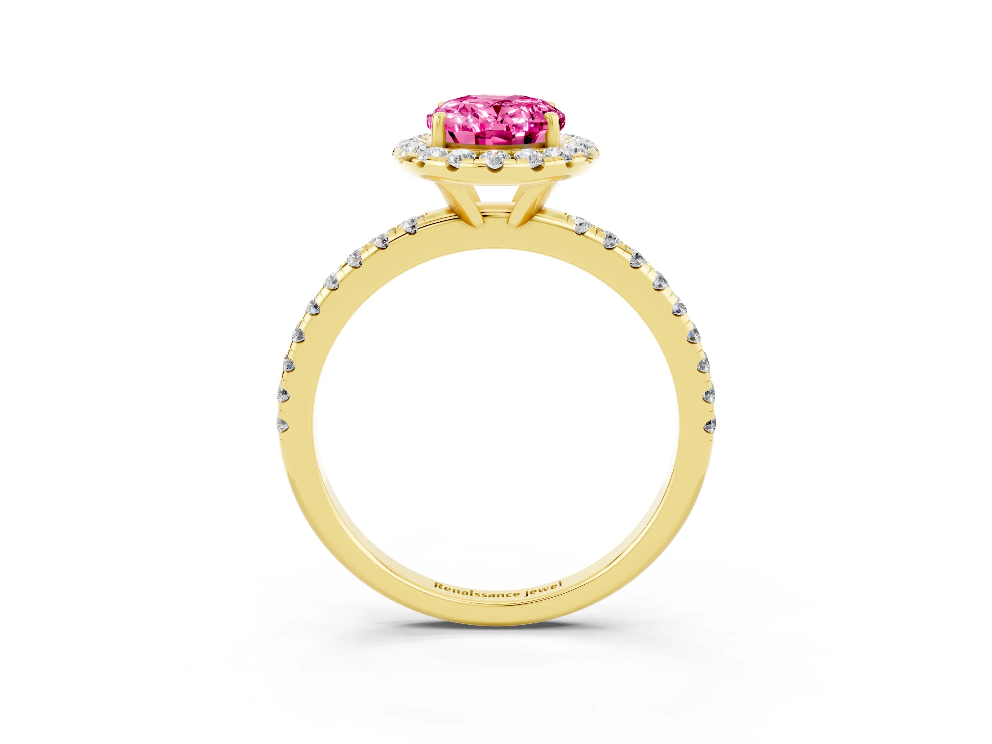 Yellow gold Oval Cut Cut Diamond Floral Halo Engagement Ring with Pavé Band and Prong Setting_3
