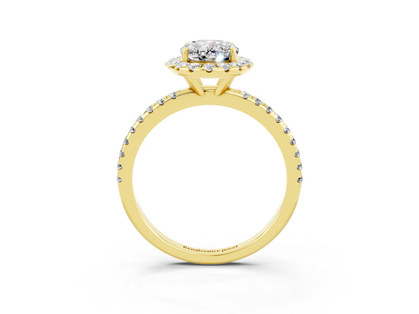 Yellow gold Oval Cut Moissanite Halo Engagement Ring with Round Pavé Band and Prong Setting