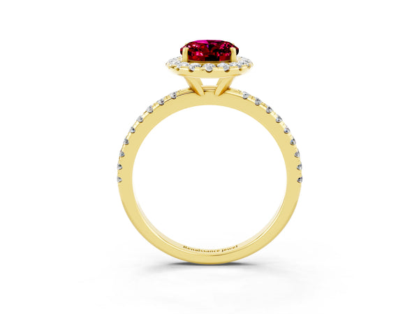 Yellow gold Oval Cut Garnet Halo Engagement Ring with Round Pavé Band and Prong Setting