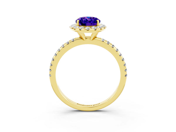 Yellow gold Oval Cut Tanzanite Halo Engagement Ring with Round Pavé Band and Prong Setting