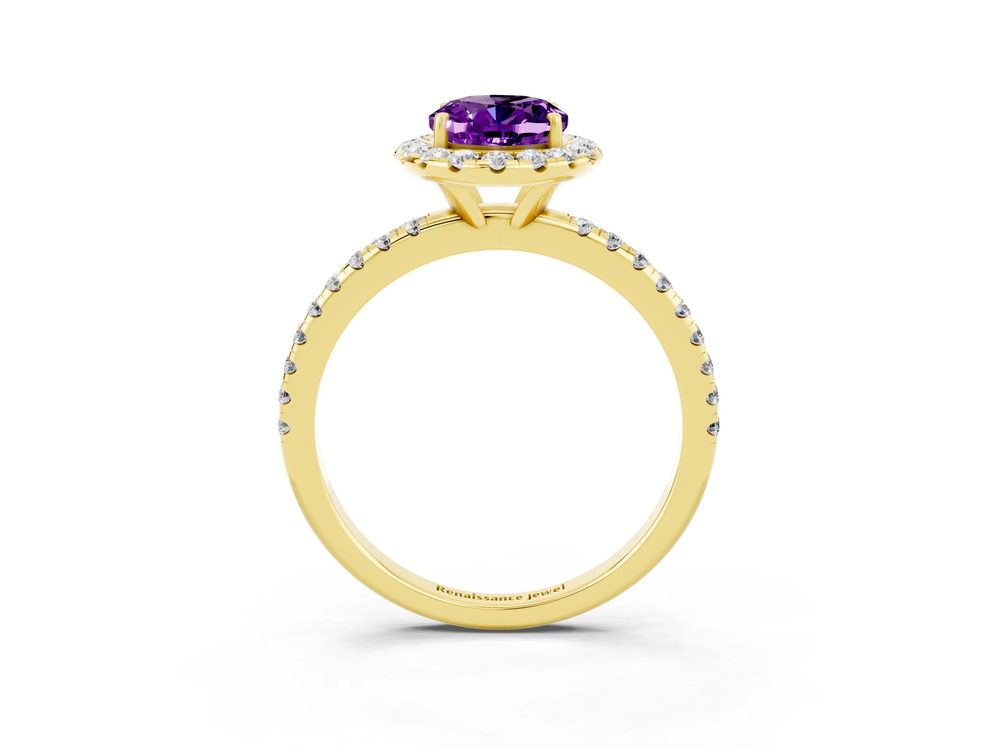 Yellow gold Oval Cut Cut Diamond Floral Halo Engagement Ring with Pavé Band and Prong Setting_3