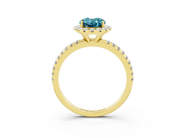 Yellow gold Oval Cut Cut Diamond Floral Halo Engagement Ring with Pavé Band and Prong Setting