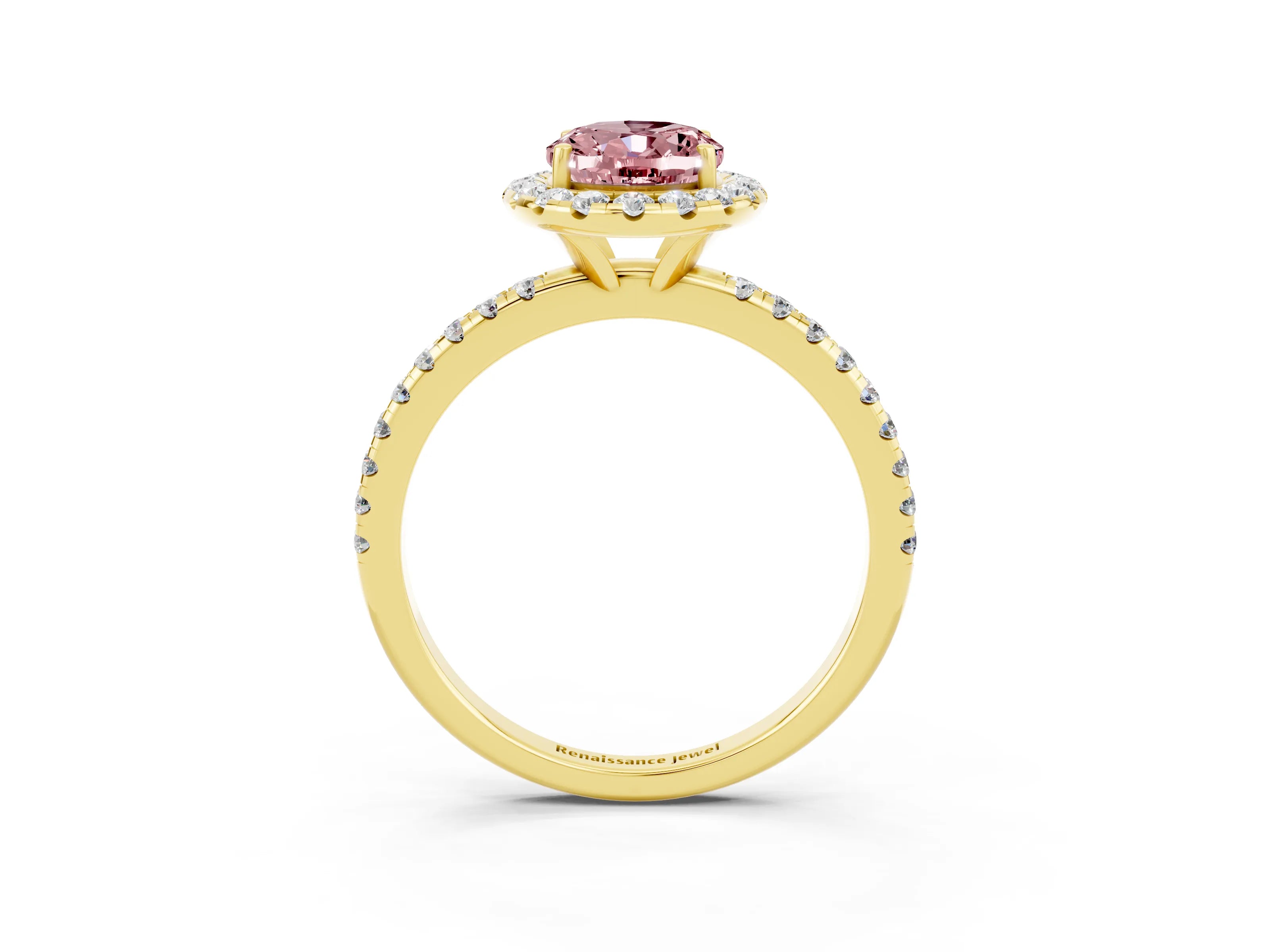 Yellow gold Oval Cut Cut Diamond Floral Halo Engagement Ring with Pavé Band and Prong Setting_3
