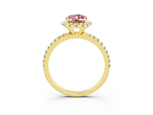 Yellow gold Oval Cut Cut Diamond Floral Halo Engagement Ring with Pavé Band and Prong Setting