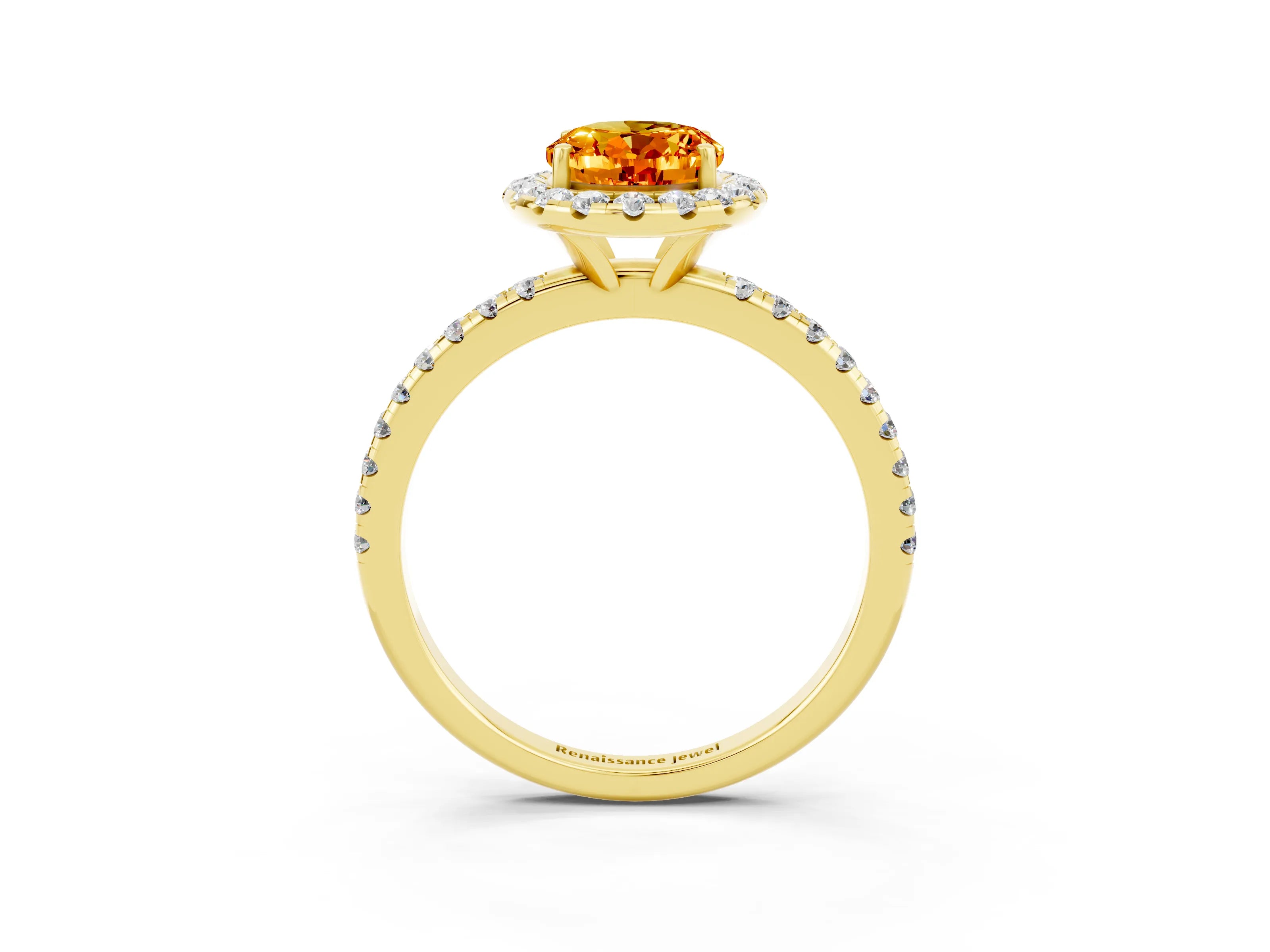 Yellow gold Oval Cut Cut Diamond Floral Halo Engagement Ring with Pavé Band and Prong Setting_3