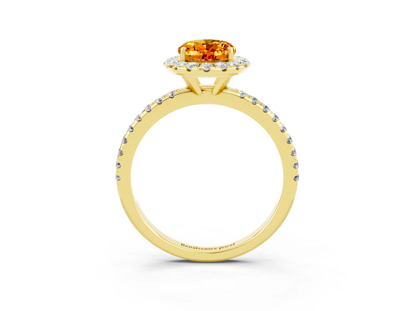 Yellow gold Oval Cut Citrine Halo Engagement Ring with Round Pavé Band and Prong Setting