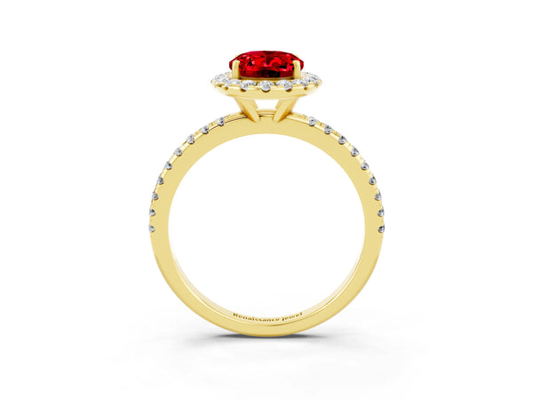 Yellow gold Oval Cut Cut Diamond Floral Halo Engagement Ring with Pavé Band and Prong Setting