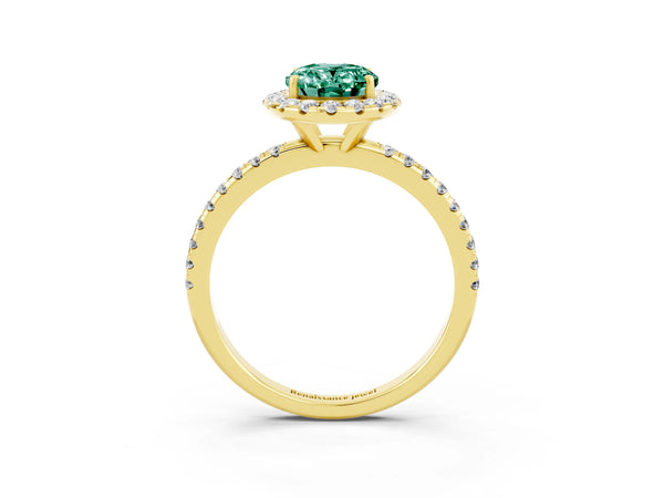 Yellow gold Oval Cut Green Sapphire Halo Engagement Ring with Round Pavé Band and Prong Setting