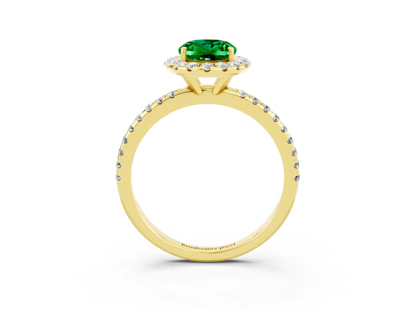 Yellow gold Oval Cut Emerald Halo Engagement Ring with Round Pavé Band and Prong Setting