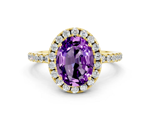 Yellow gold Oval Cut Cut Diamond Floral Halo Engagement Ring with Pavé Band and Prong Setting
