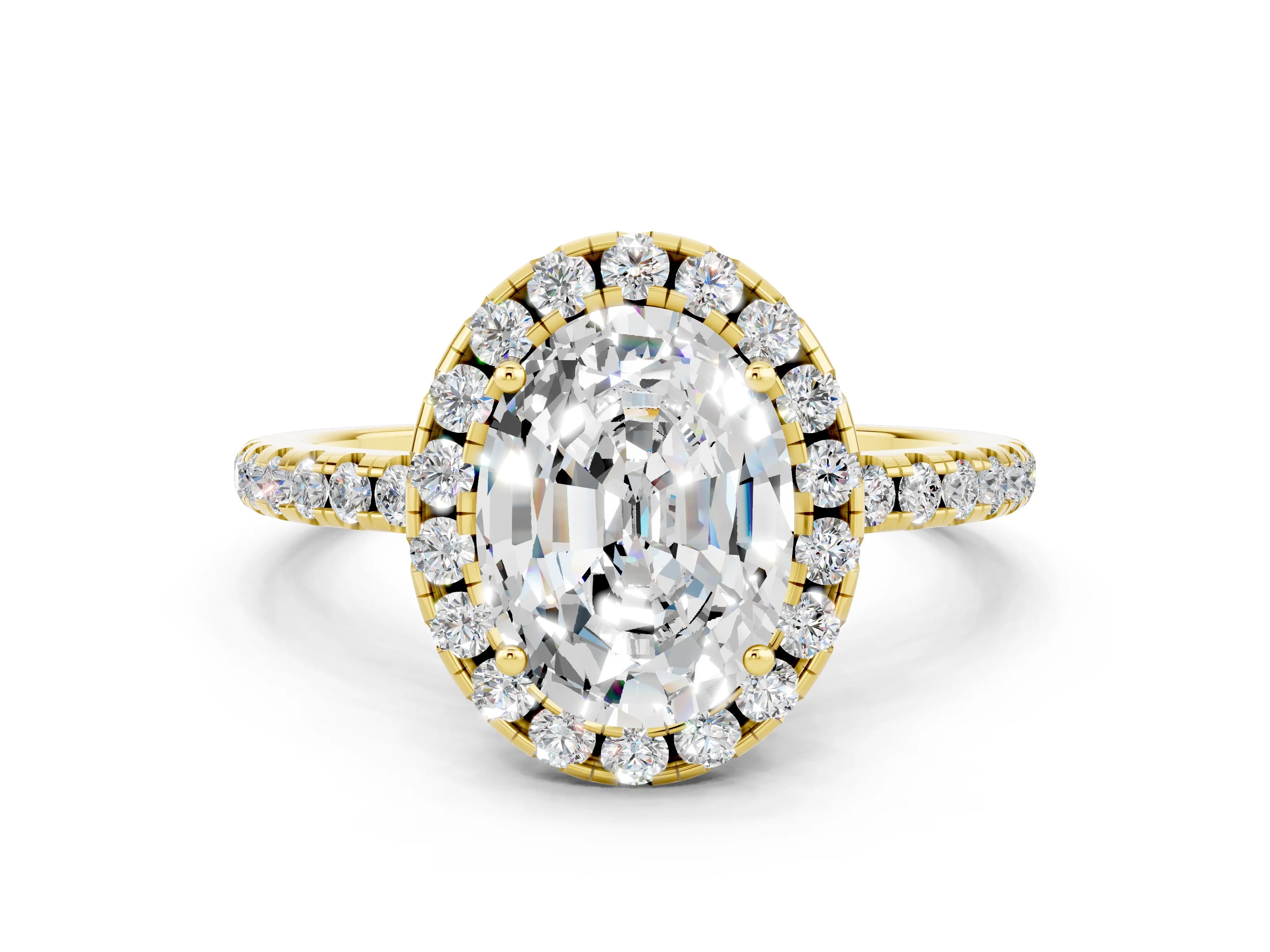 Yellow gold Oval Cut Cut Diamond Floral Halo Engagement Ring with Pavé Band and Prong Setting