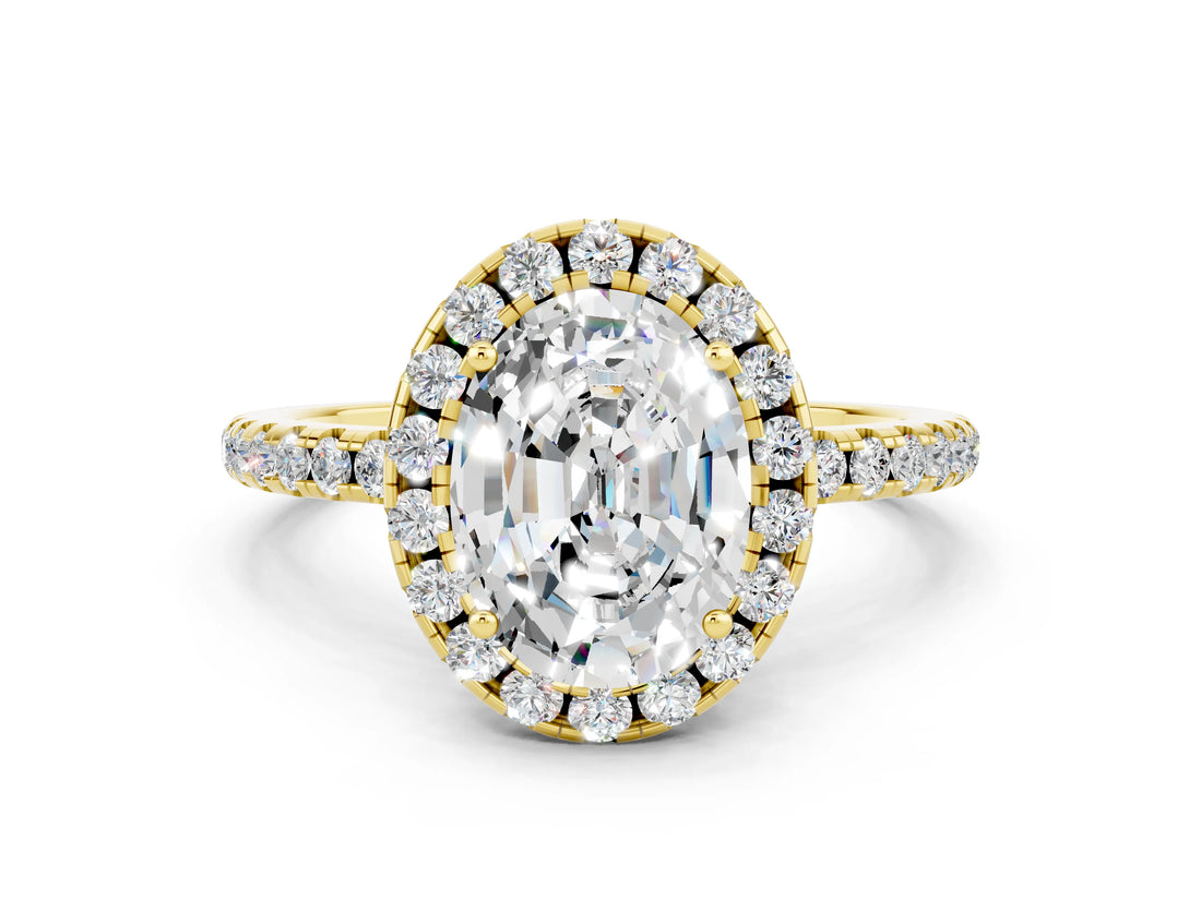 Yellow gold Oval Cut Cut Diamond Floral Halo Engagement Ring with Pavé Band and Prong Setting
