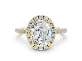 Yellow gold Oval Cut Cut Diamond Floral Halo Engagement Ring with Pavé Band and Prong Setting