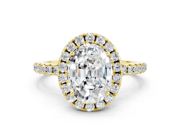 Yellow gold Oval Cut Moissanite Halo Engagement Ring with Round Pavé Band and Prong Setting