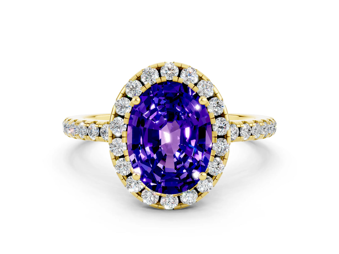 Yellow gold Oval Cut Cut Diamond Floral Halo Engagement Ring with Pavé Band and Prong Setting