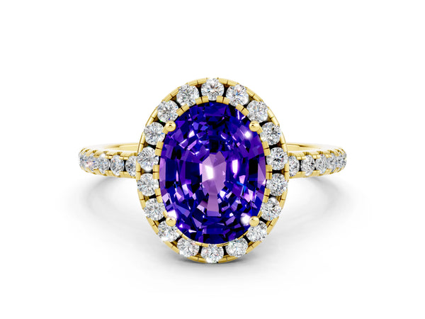 Yellow gold Oval Cut Tanzanite Halo Engagement Ring with Round Pavé Band and Prong Setting