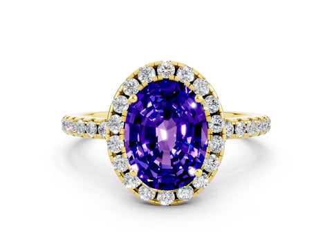 Yellow gold Oval Cut Cut Diamond Floral Halo Engagement Ring with Pavé Band and Prong Setting