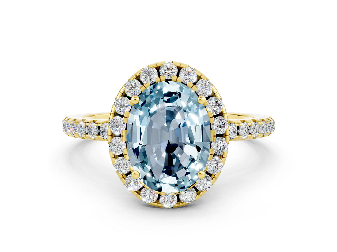 Yellow gold Oval Cut Cut Diamond Floral Halo Engagement Ring with Pavé Band and Prong Setting