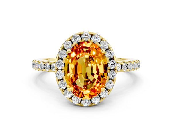 Yellow gold Oval Cut Citrine Halo Engagement Ring with Round Pavé Band and Prong Setting