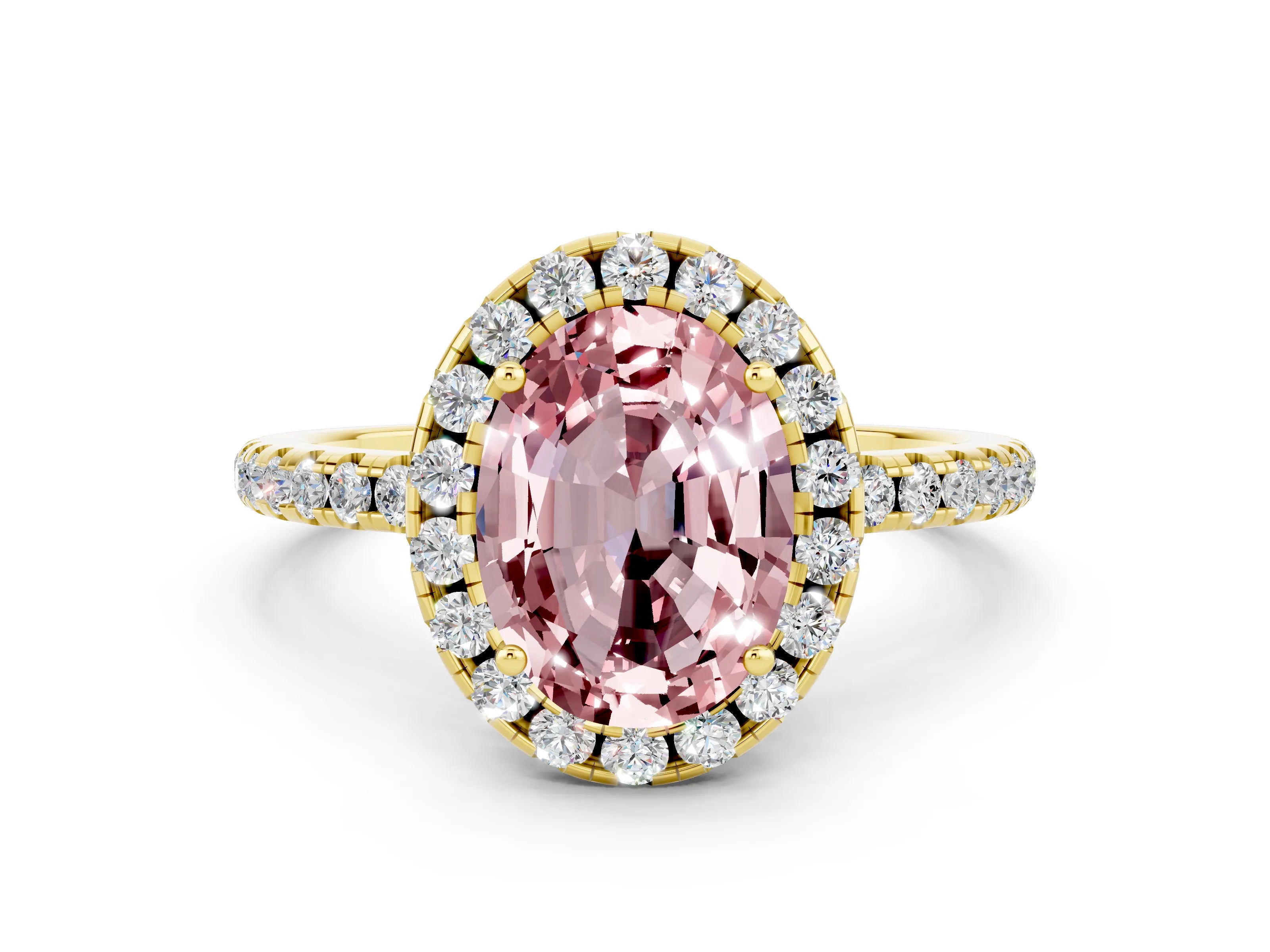 Yellow gold Oval Cut Cut Diamond Floral Halo Engagement Ring with Pavé Band and Prong Setting